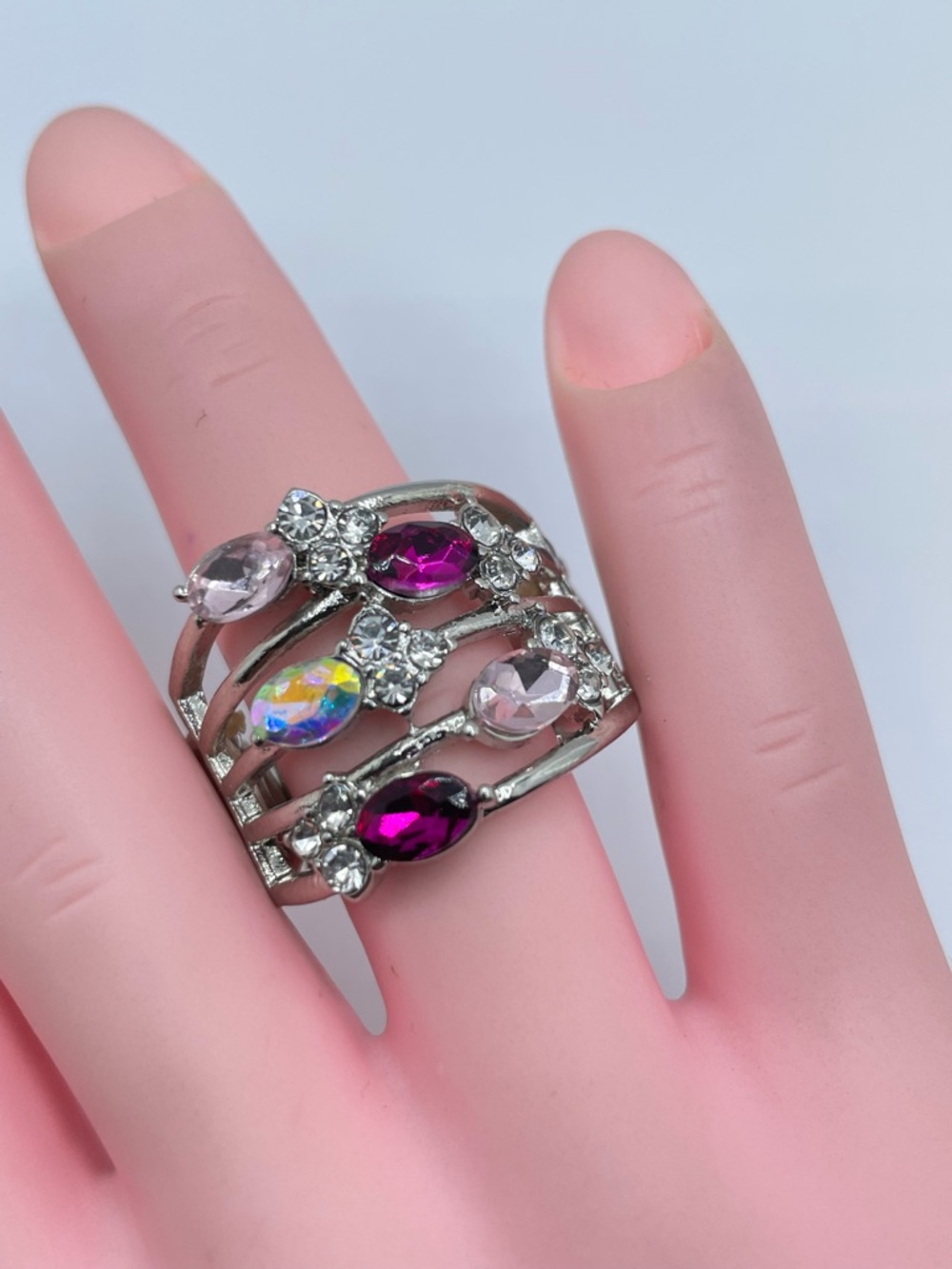 Silver Tone Pink Purple AB Crystal Stretch Ring Statement Cocktail